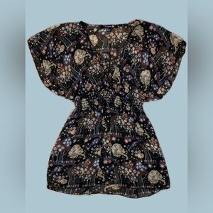 Forever 21 Sheer Black Floral Smocked Waist V-Neck Tunic